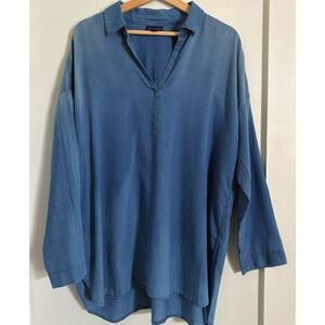 J Jill PureJill Indigo Chambray Popover Tunic Top V-neck Size Large Cotton Blue